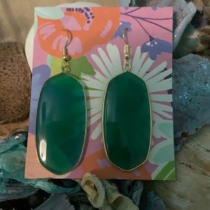 Green Glass Oval Dangle Earrings, Gold Plated